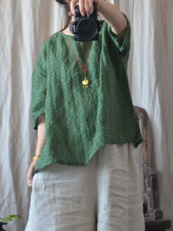 Women Artsy Solid Stripe Linen O-Neck Blouse CO1027 -Ada Fashion 01 079e24c8 1ab8 4e72 b44a 4d7c9da3cac2