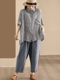 Women Retro Summer Plaid Linen Button-Up Blouse CO1006 -Ada Fashion 02 43221800 9699 47bd ab0e a8eead15bcad