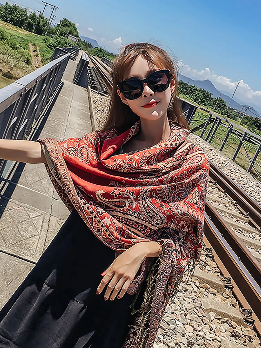 Women Ethnic Flower Taasel Shawl Scarves FG1021 6 Women Ethnic Flower Taasel Shawl Scarves FG1021 - Image 4