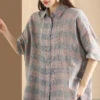 Women Retro Summer Plaid Linen Button-Up Blouse CO1006