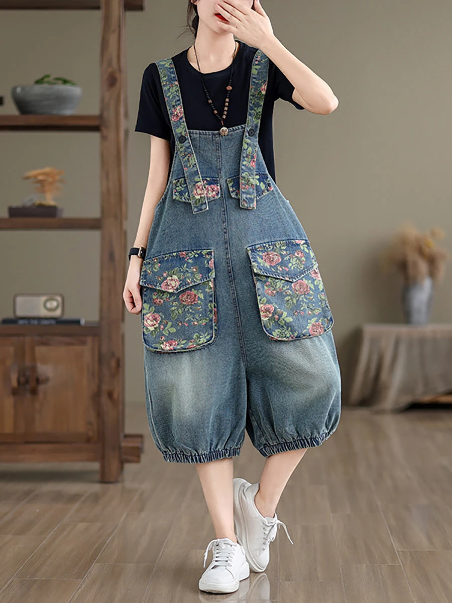 Women Summer Retro Flower Spliced Denim Jumpsuits ZZ1021 5 Women Summer Retro Flower Spliced Denim Jumpsuits ZZ1021 - Image 3