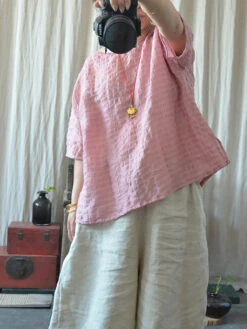 Women Artsy Solid Stripe Linen O-Neck Blouse CO1027 -Ada Fashion 03 ad812bbb 2506 485d ad16 6c7c3ae54e3e