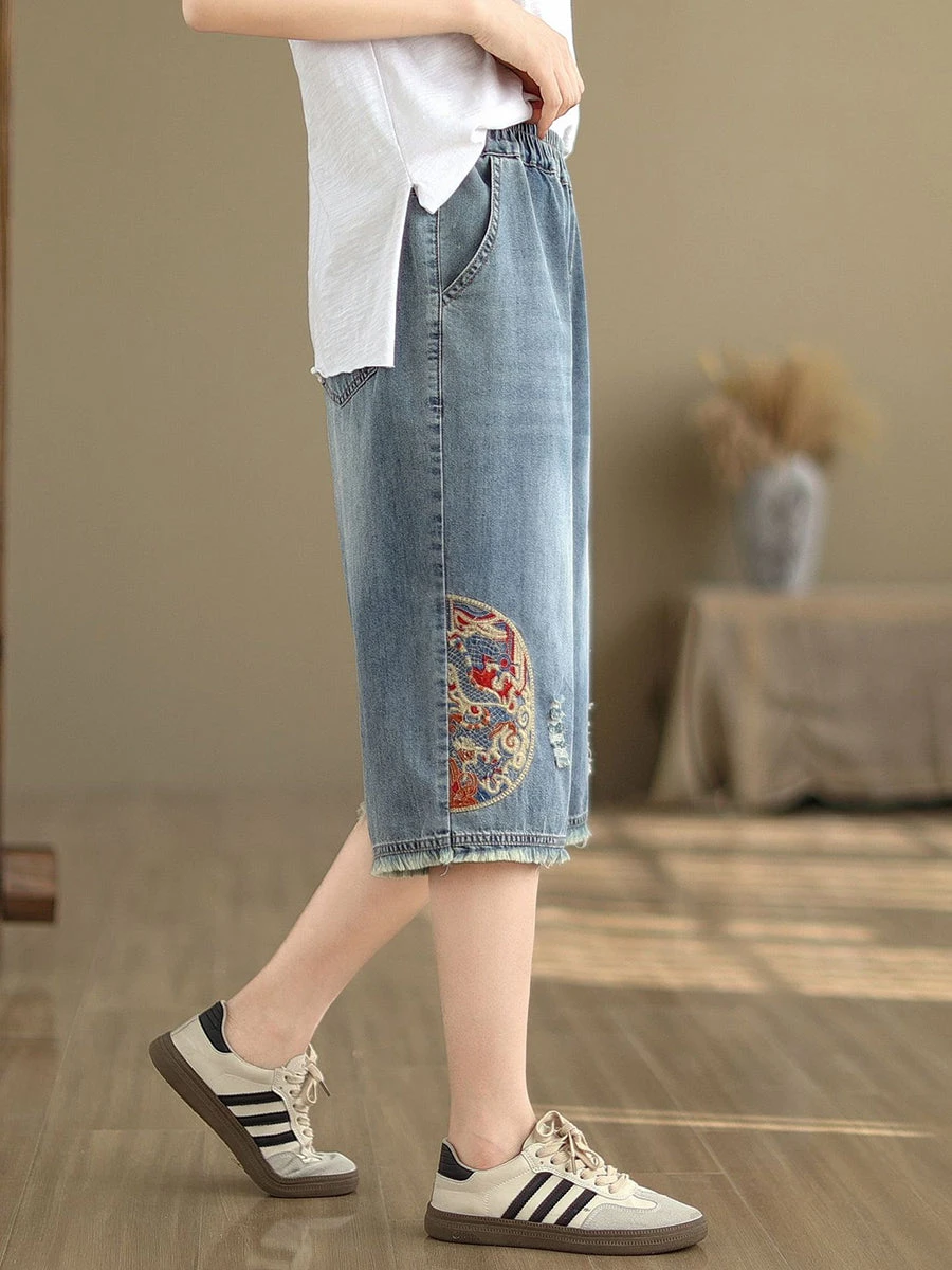 Women Summer Embroidery Knee-Length Denim Pants IO1023 9 Women Summer Embroidery Knee-Length Denim Pants IO1023 - Image 7