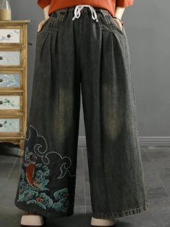 Women Summer Vintage Koi Embroidery Wide-leg Denim Pants CO1049 -Ada Fashion 04 028768d9 987b 43d4 8da9 5bbfdbeef72e