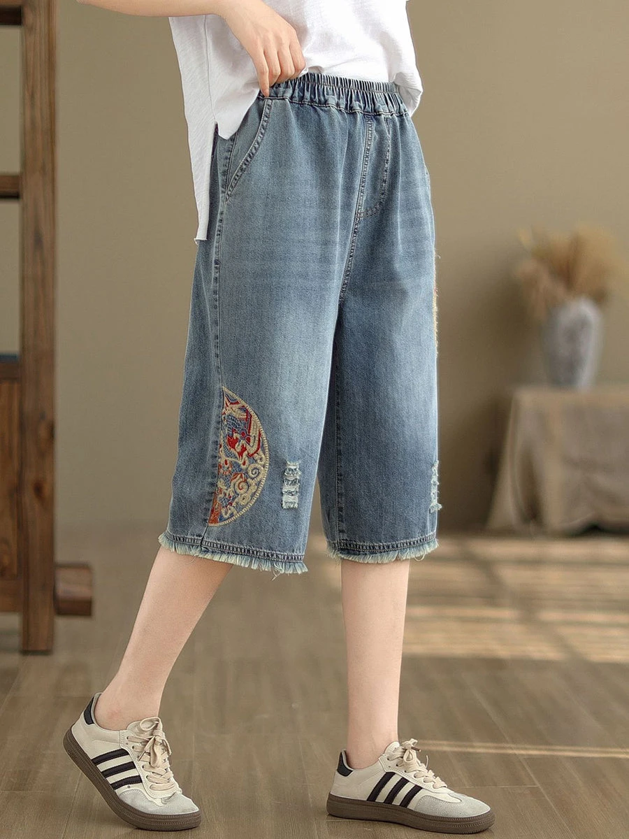 Women Summer Embroidery Knee-Length Denim Pants IO1023 10 Women Summer Embroidery Knee-Length Denim Pants IO1023 - Image 8
