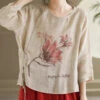 Women Spring Flower Vintage Strap Ramie Blouse KL1039
