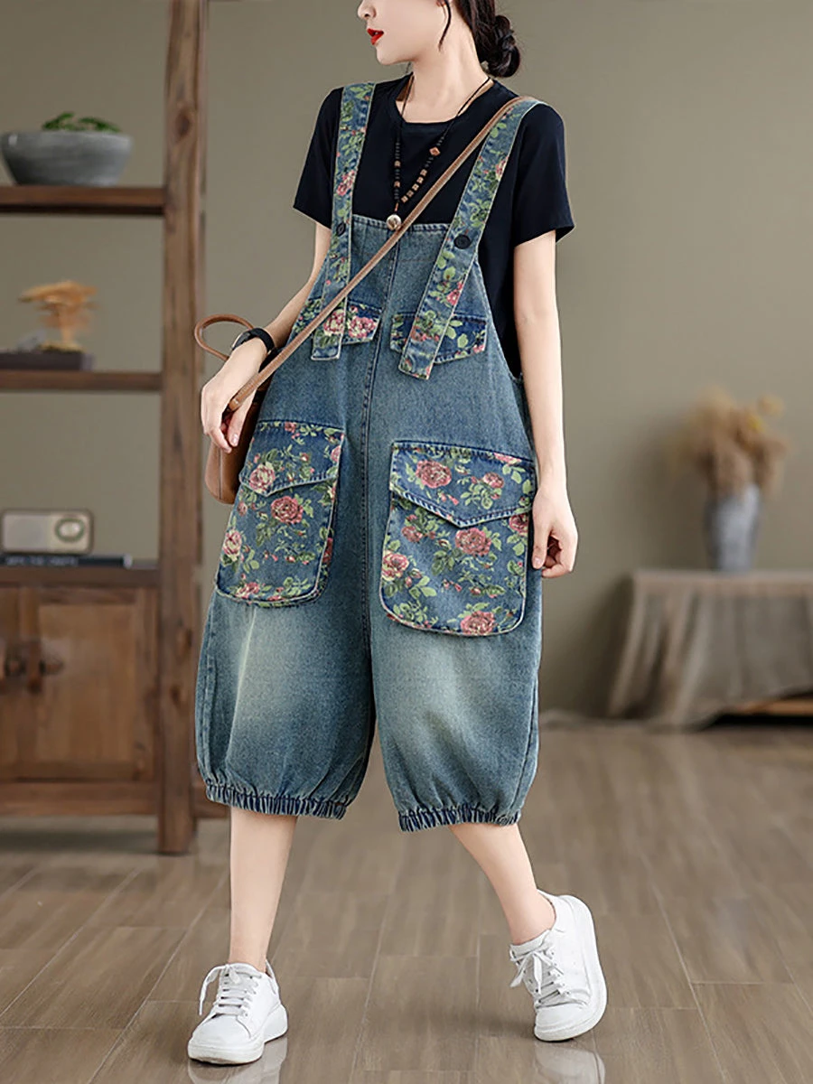 Women Summer Retro Flower Spliced Denim Jumpsuits ZZ1021 7 Women Summer Retro Flower Spliced Denim Jumpsuits ZZ1021 - Image 5