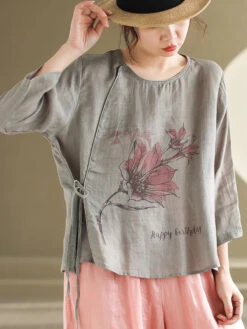 Women Spring Flower Vintage Strap Ramie Blouse KL1039 -Ada Fashion 05 ed3fddea d1ba 4039 8ef9 5f6e0811f082