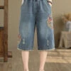Women Summer Embroidery Knee-Length Denim Pants IO1023
