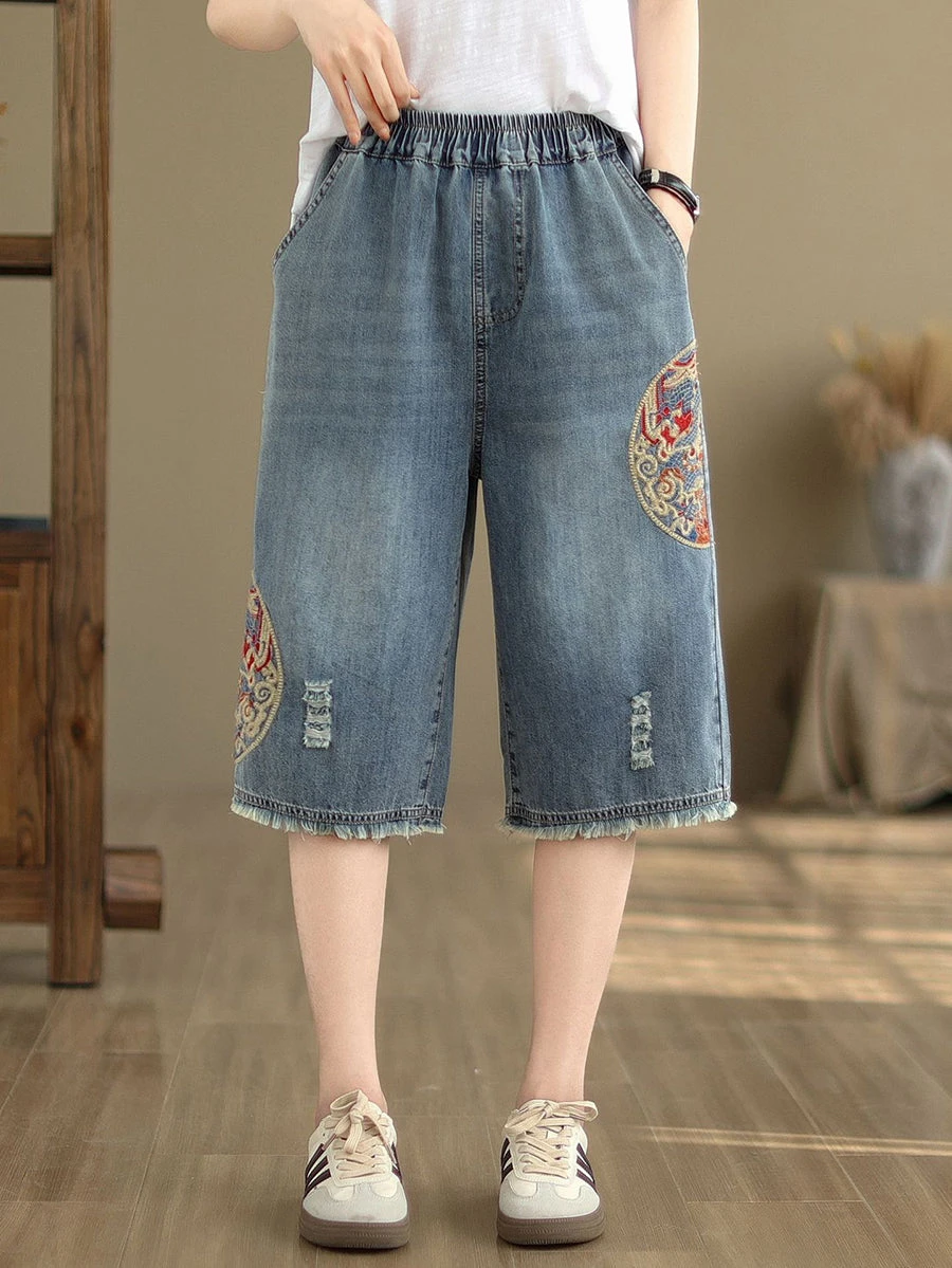 Women Summer Embroidery Knee-Length Denim Pants IO1023 3 Women Summer Embroidery Knee-Length Denim Pants IO1023