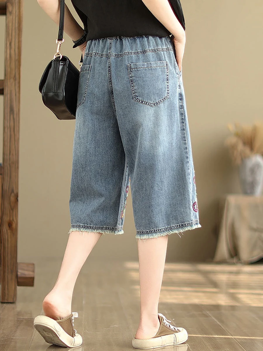 Women Summer Embroidery Knee-Length Denim Pants IO1023 7 Women Summer Embroidery Knee-Length Denim Pants IO1023 - Image 5