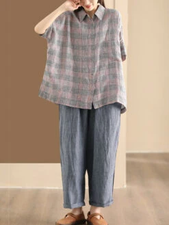 Women Retro Summer Plaid Linen Button-Up Blouse CO1006 -Ada Fashion 15 2b5367aa 4199 4708 a6a4 aca4cd4ea804