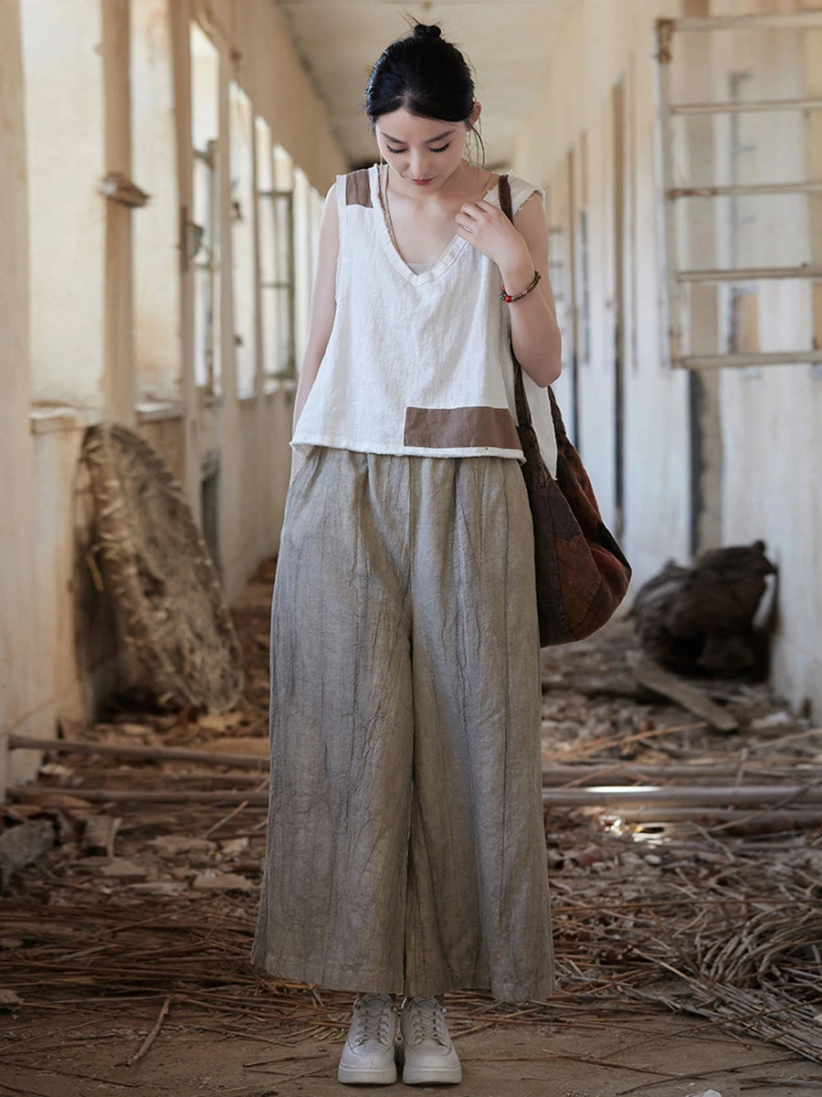 Women Vintage Summer Tie-dye Ramie Wide-leg Pants IO1009 8 Women Vintage Summer Tie-dye Ramie Wide-leg Pants IO1009 - Image 6