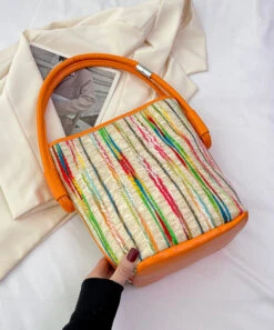 2024 New Minimalist Pink Striped Weaving Satchel Bag Handbag HJ1047 -Ada Fashion 2024 New Minimalist Pink Striped Weaving Satchel Bag Handbag5