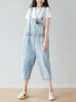 Women Retro Frayed Solid Claf-Length Denim Jumpsuits CO1019 -Ada Fashion 20240403 103326 004
