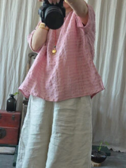 Women Artsy Solid Stripe Linen O-Neck Blouse CO1027 -Ada Fashion 20240407 145423 063 c01db860 8396 4f92 828b 58a893d21e5a