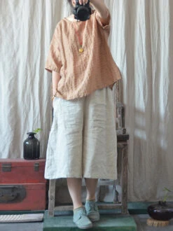 Women Artsy Solid Stripe Linen O-Neck Blouse CO1027 -Ada Fashion 20240407 145423 069 7de60db6 fcd2 475d 8195 f8326e28d5b0