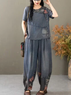 Women Summer Vintage Spliced Worn Shirt+Pants PA1021 -Ada Fashion 20240409 161909 115