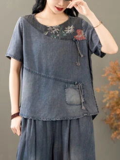 Women Summer Vintage Spliced Worn Shirt+Pants PA1021 -Ada Fashion 20240409 161909 118