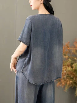 Women Summer Vintage Spliced Worn Shirt+Pants PA1021 -Ada Fashion 20240409 161909 120