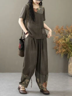 Women Summer Vintage Spliced Worn Shirt+Pants PA1021 -Ada Fashion 20240409 161909 121
