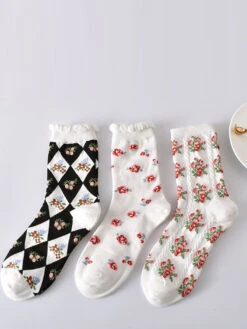 5 Pairs Women Artsy Summer Flower Jacquard Socks KL1038 -Ada Fashion 20240411 162207 090
