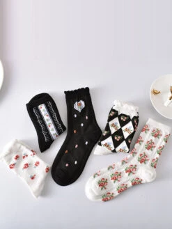 5 Pairs Women Artsy Summer Flower Jacquard Socks KL1038 -Ada Fashion 20240411 162207 091