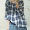 Women Spring Plaid Artsy Linen Loose Blouse KL1048