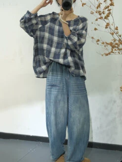 Women Spring Plaid Artsy Linen Loose Blouse KL1048 -Ada Fashion 20240412 143845 029