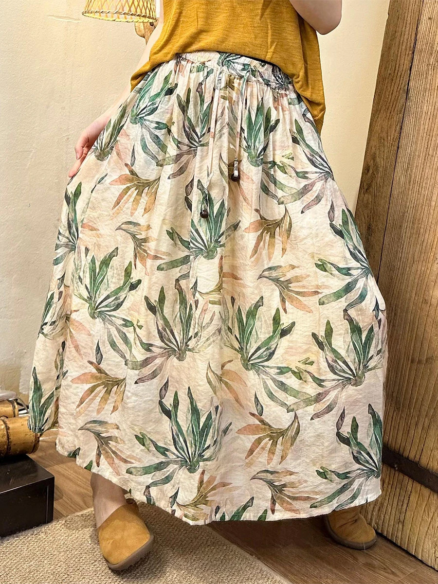 Women Summer Artsy Leaf Linen A-Shape Skirt KL1005 4 Women Summer Artsy Leaf Linen A-Shape Skirt KL1005 - Image 2