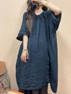 Women Retro Summer Stripe Linen Loose Dress QW1001 -Ada Fashion 20240426 104654 013
