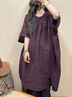 Women Retro Summer Stripe Linen Loose Dress QW1001 -Ada Fashion 20240426 104654 015