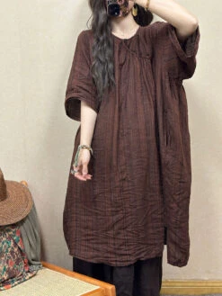 Women Retro Summer Stripe Linen Loose Dress QW1001 -Ada Fashion 20240426 104654 016