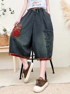 Women Summer Vintage Flower Embroidery Denim Pants QW1024 -Ada Fashion 20240426 161601 116