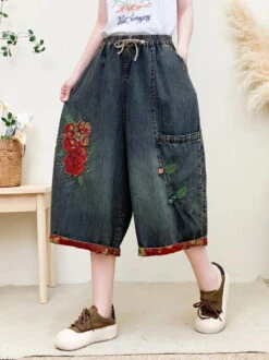 Women Summer Vintage Flower Embroidery Denim Pants QW1024 -Ada Fashion 20240426 161601 119