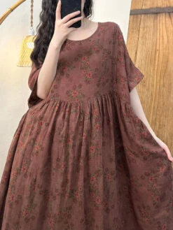 Plus Size Women Vnitage Floral Shirred Cotton Loose Dress WE1027 -Ada Fashion 20240429 164502 123