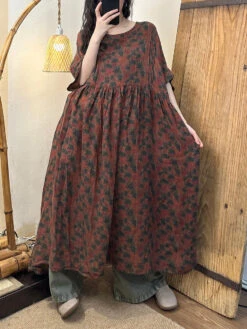 Plus Size Women Vnitage Floral Shirred Cotton Loose Dress WE1027 -Ada Fashion 20240429 164502 125