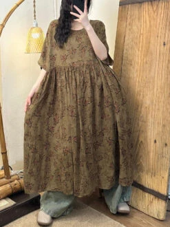 Plus Size Women Vnitage Floral Shirred Cotton Loose Dress WE1027 -Ada Fashion 20240429 164502 126