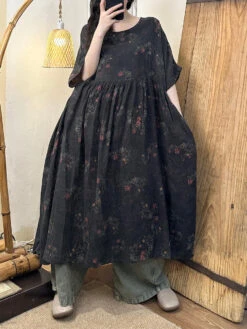 Plus Size Women Vnitage Floral Shirred Cotton Loose Dress WE1027 -Ada Fashion 20240429 164502 127