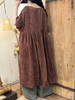 Plus Size Women Vnitage Floral Shirred Cotton Loose Dress WE1027