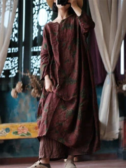 Women Ethnic Flower Worn Loose Long Sleeve Linen Dress AS1058 -Ada Fashion 20240510 160813 128