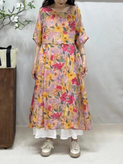Women Summer Artsy Flower Loose Thin Ramie Dress FG1008 -Ada Fashion 20240511 103311 012
