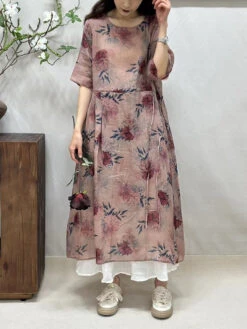 Women Summer Artsy Flower Loose Thin Ramie Dress FG1008 -Ada Fashion 20240511 103311 013
