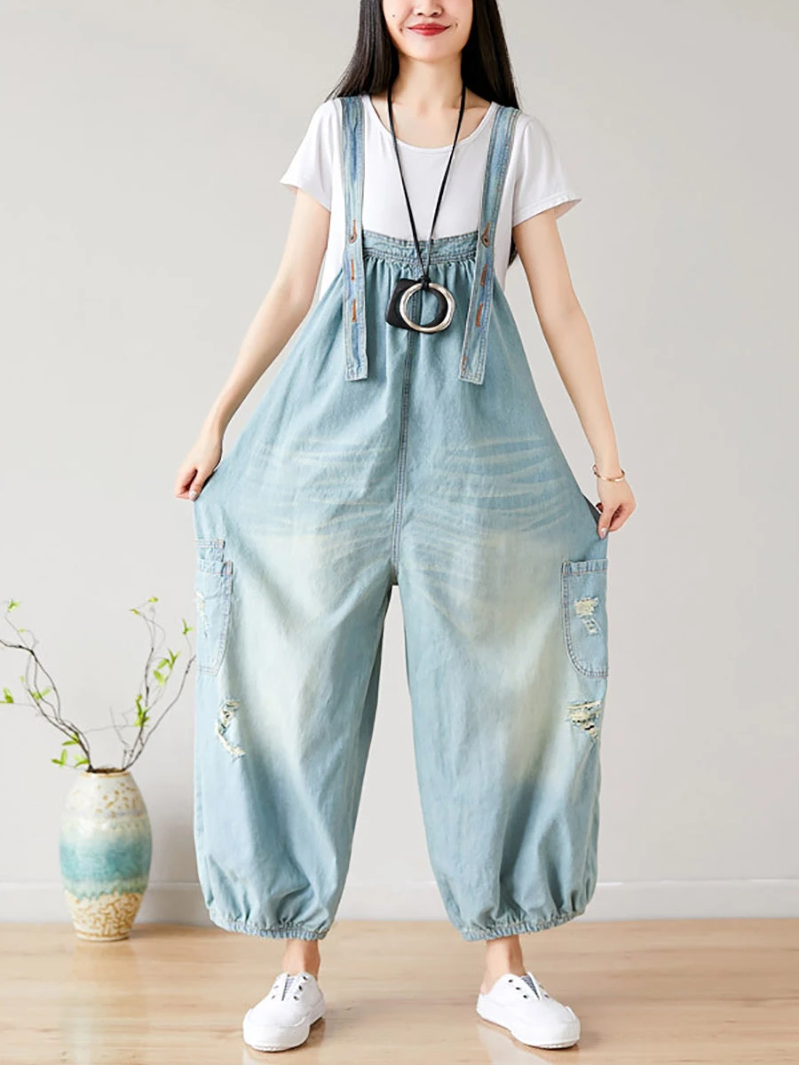 Women SummerRetro Frayed Washed Denim Jumpsuits FG1034 4 Women SummerRetro Frayed Washed Denim Jumpsuits FG1034 - Image 2