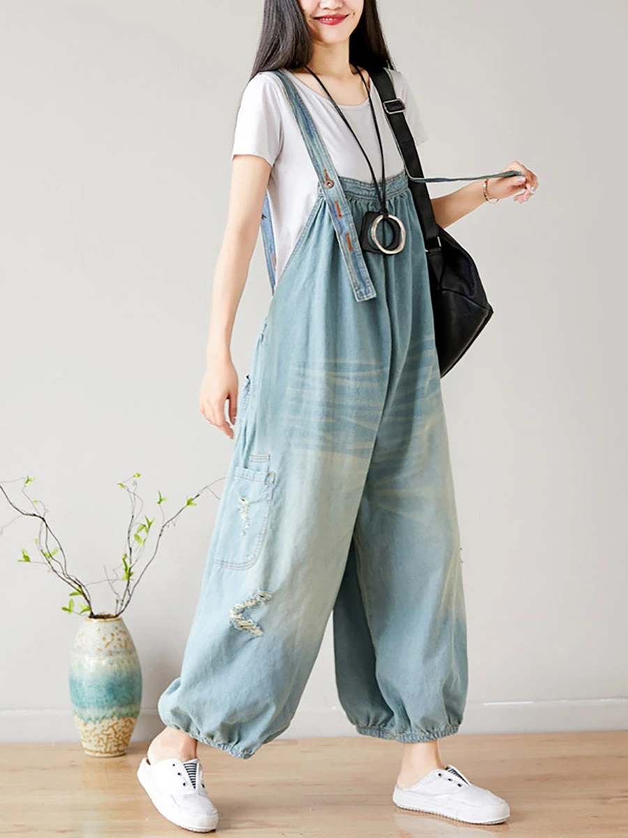 Women SummerRetro Frayed Washed Denim Jumpsuits FG1034 7 Women SummerRetro Frayed Washed Denim Jumpsuits FG1034 - Image 5
