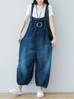 Women SummerRetro Frayed Washed Denim Jumpsuits FG1034