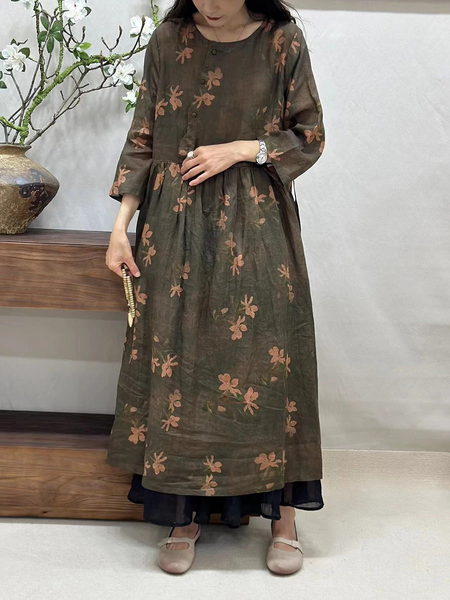 Women Summer Vintage Floral Ramie O-Neck Dress CV1050 4 Women Summer Vintage Floral Ramie O-Neck Dress CV1050 - Image 2