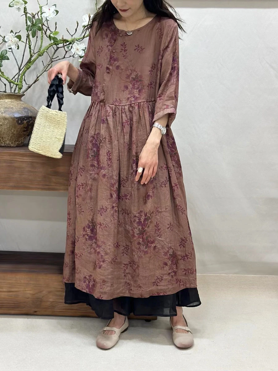 Women Summer Vintage Floral Ramie O-Neck Dress CV1050 5 Women Summer Vintage Floral Ramie O-Neck Dress CV1050 - Image 3
