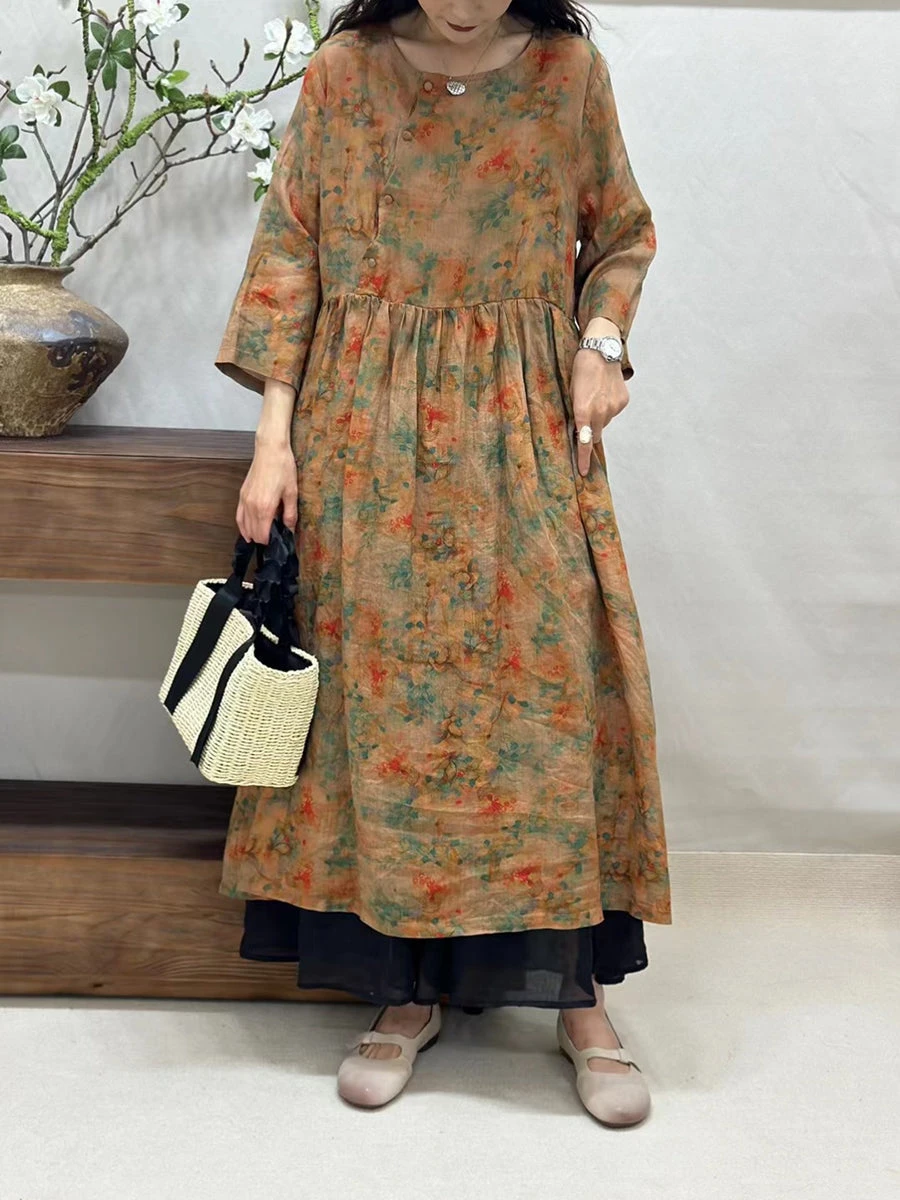 Women Summer Vintage Floral Ramie O-Neck Dress CV1050 6 Women Summer Vintage Floral Ramie O-Neck Dress CV1050 - Image 4