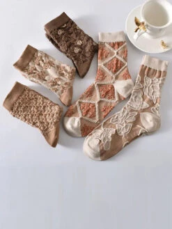 Rhomboids Jacquard Cotton Socks -Ada Fashion 5 Pairs Artsy Flower Rhomboids Jacquard Cotton Socks Ada Fashion 178040126
